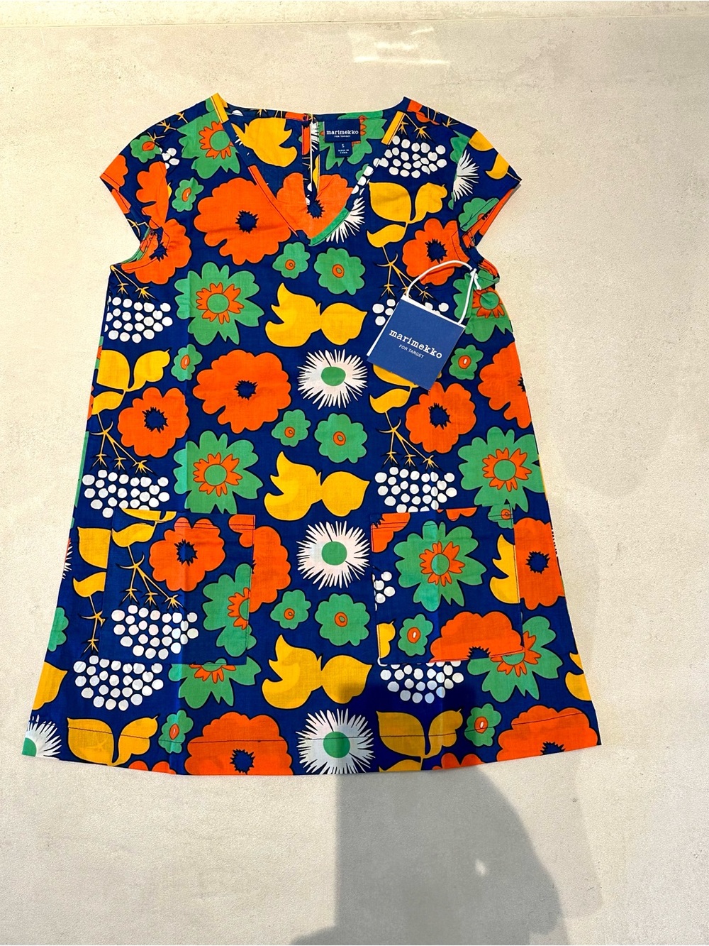 Girls Marimekko Navy Floral A-Line Dress with Orange, Yellow & Green Print